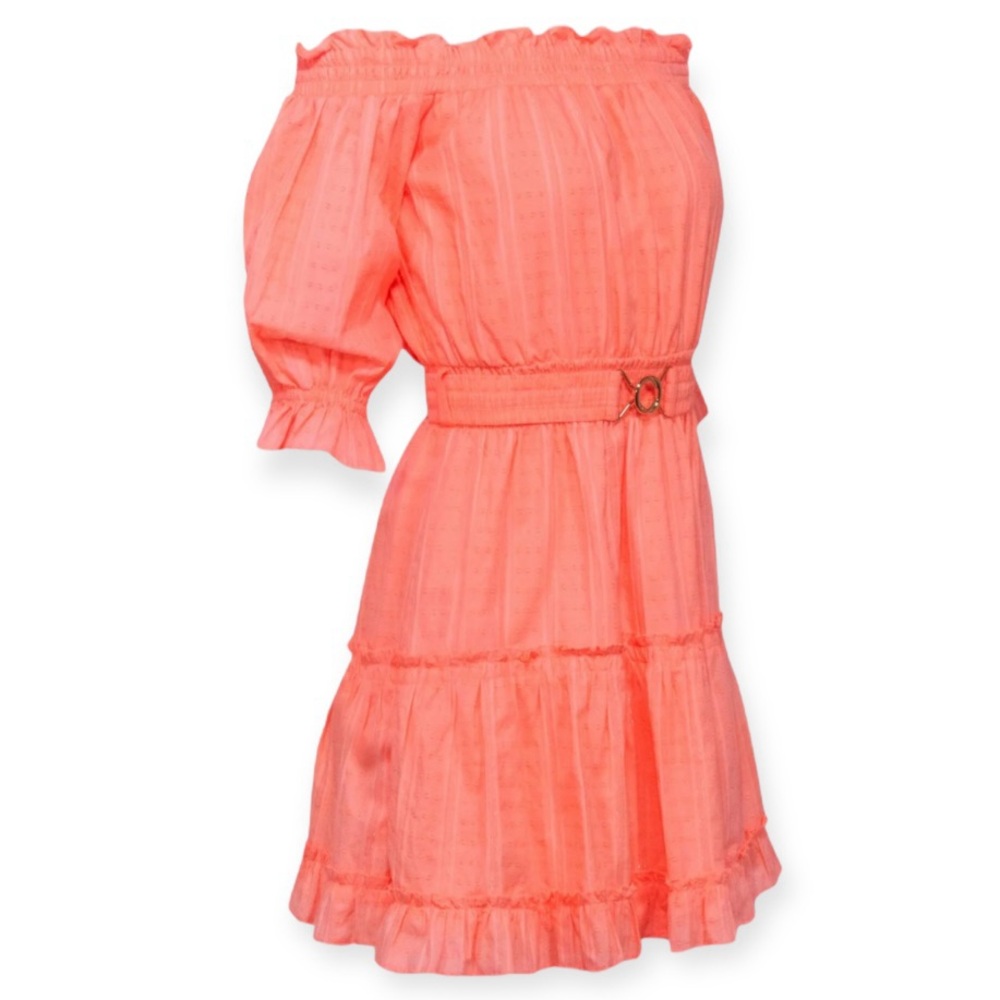 LILLY PULITZER Louisa Dress Papaya Punch Off The Shoulder Belted Tiered Mini NWT - Picture 7 of 13